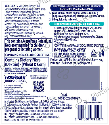 Horlicks Diabetes Plus for Blood Sugar & Weight Management - No Added Sugar - Flavour Vanilla Powder