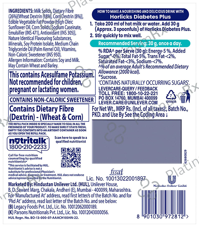 Horlicks Diabetes Plus for Blood Sugar & Weight Management - No Added Sugar - Flavour Vanilla Powder