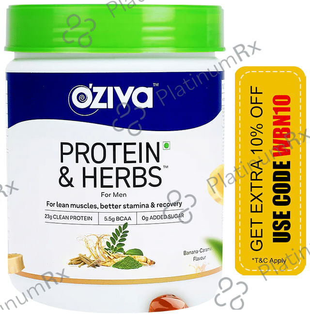 Oziva Protein & Herbs for Men - For Muscle Building, Stamina & Recovery - Banana Caramel 500 gm